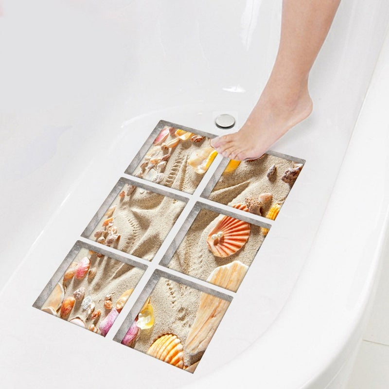 ChezMax Bath Treads Stickers Beach Pattern Square 3D Adhesive Anti Slip Tub Tattoos Safety Decals Mat Waterproof Shower Tub Sticker Bathtub Appliques for Bath Pools Home Decor 6 Pcs 5.9" X 5.9" - Image 3